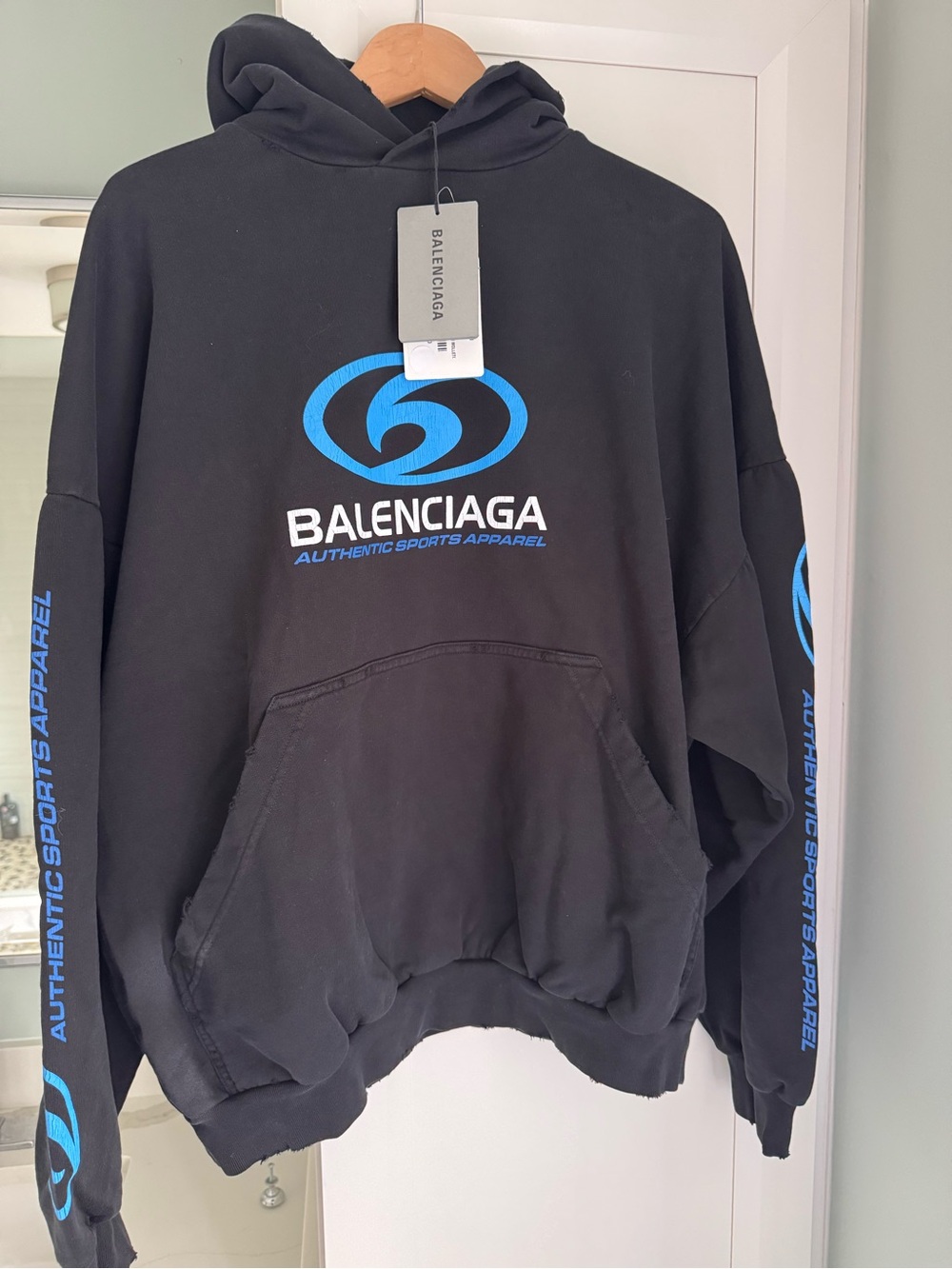 Balenciaga Black Crewneck Hoodie with Blue Logo (100% authentic)